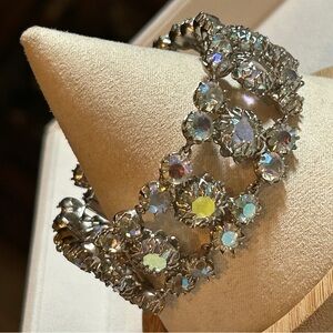 Vintage Made in France AB Rhinestone Bracelet 7” Floral Cluster MCM Statement